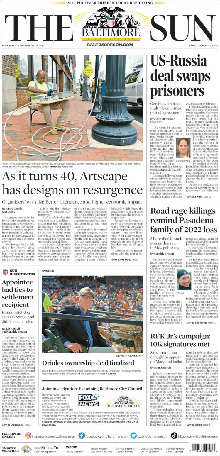 Portada de The Baltimore Sun (USA)