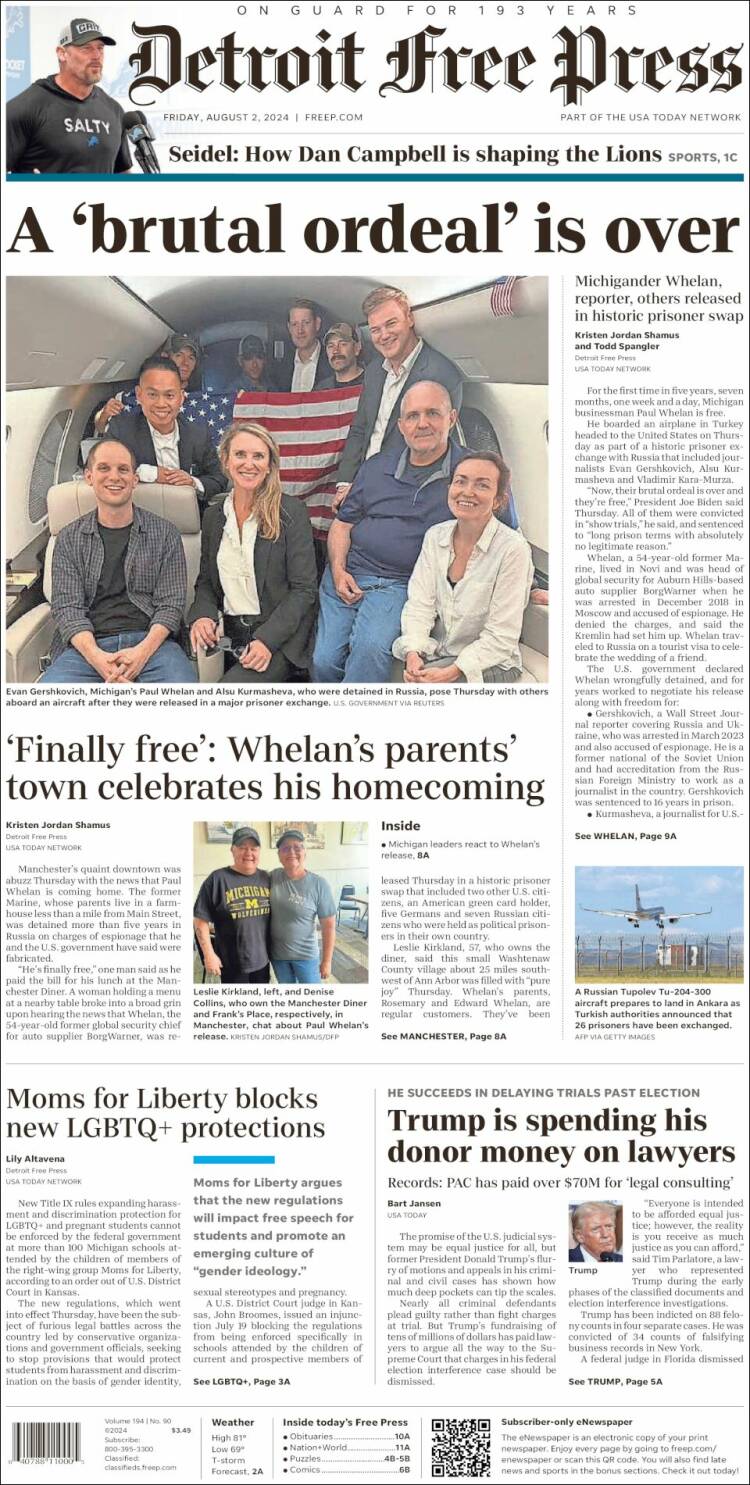 Portada de Detroit Free Press (USA)
