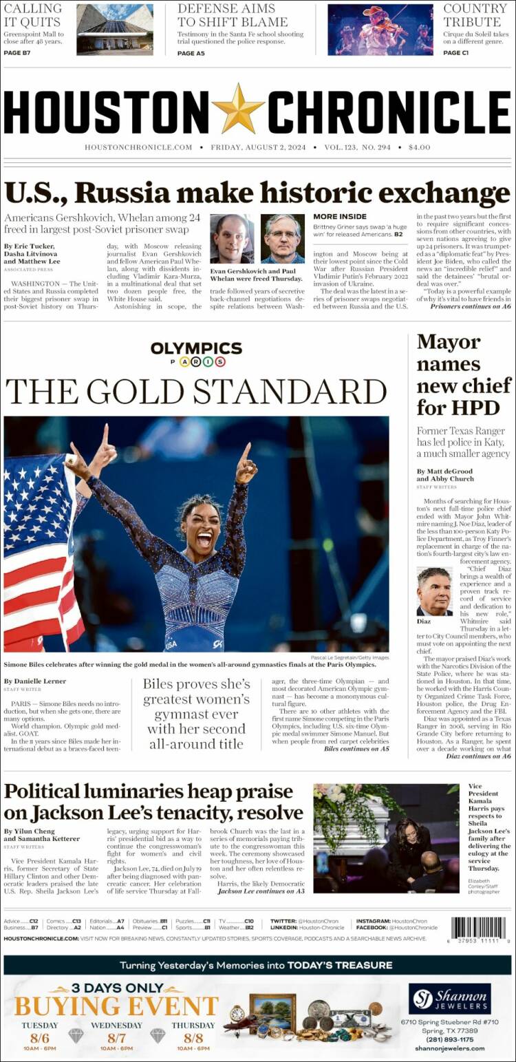 Portada de Houston Chronicle (USA)