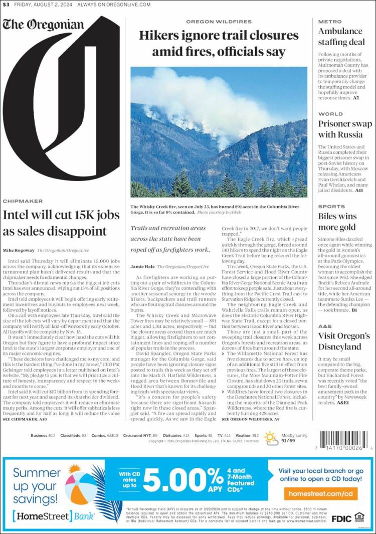 Portada de The Oregonian (USA)