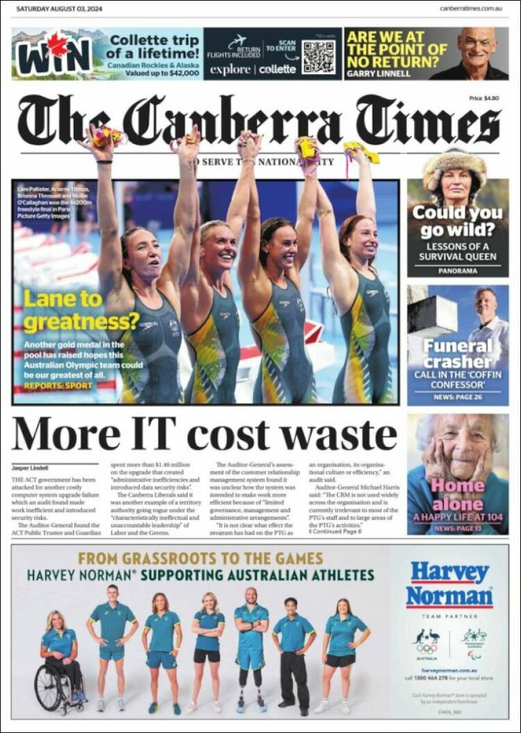 Portada de The Canberra Times (Australia)
