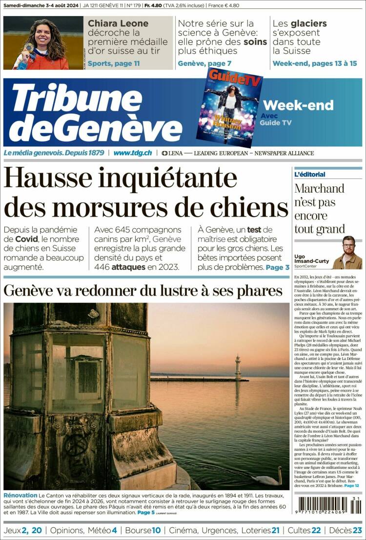 Portada de La Tribune de Genève (Suiza)
