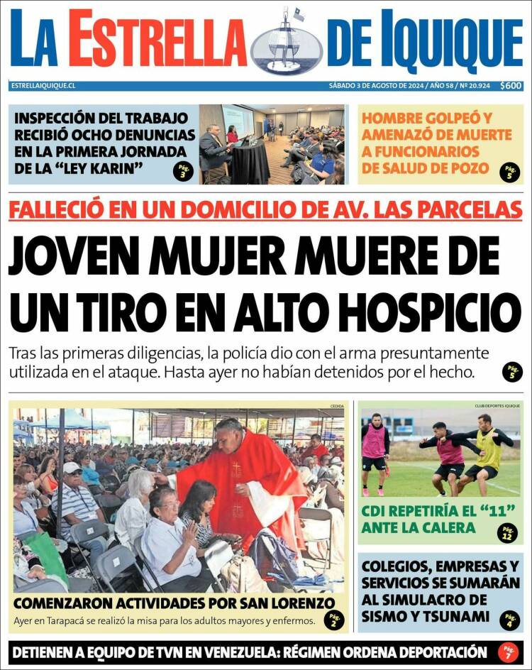 Portada de La Estrella de Iquique (Chile)