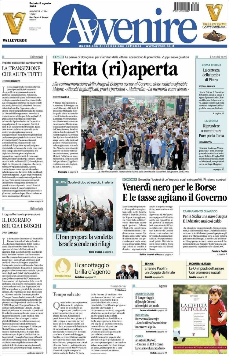Portada de Avvenire (Italia)