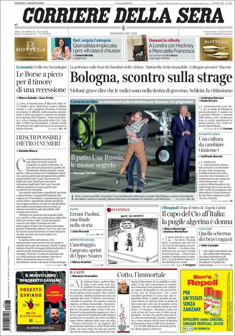 Portada de Corriere della Sera (Italia)