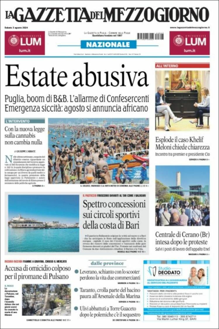 Portada de La Gazzetta del Mezzogiorno (Italia)