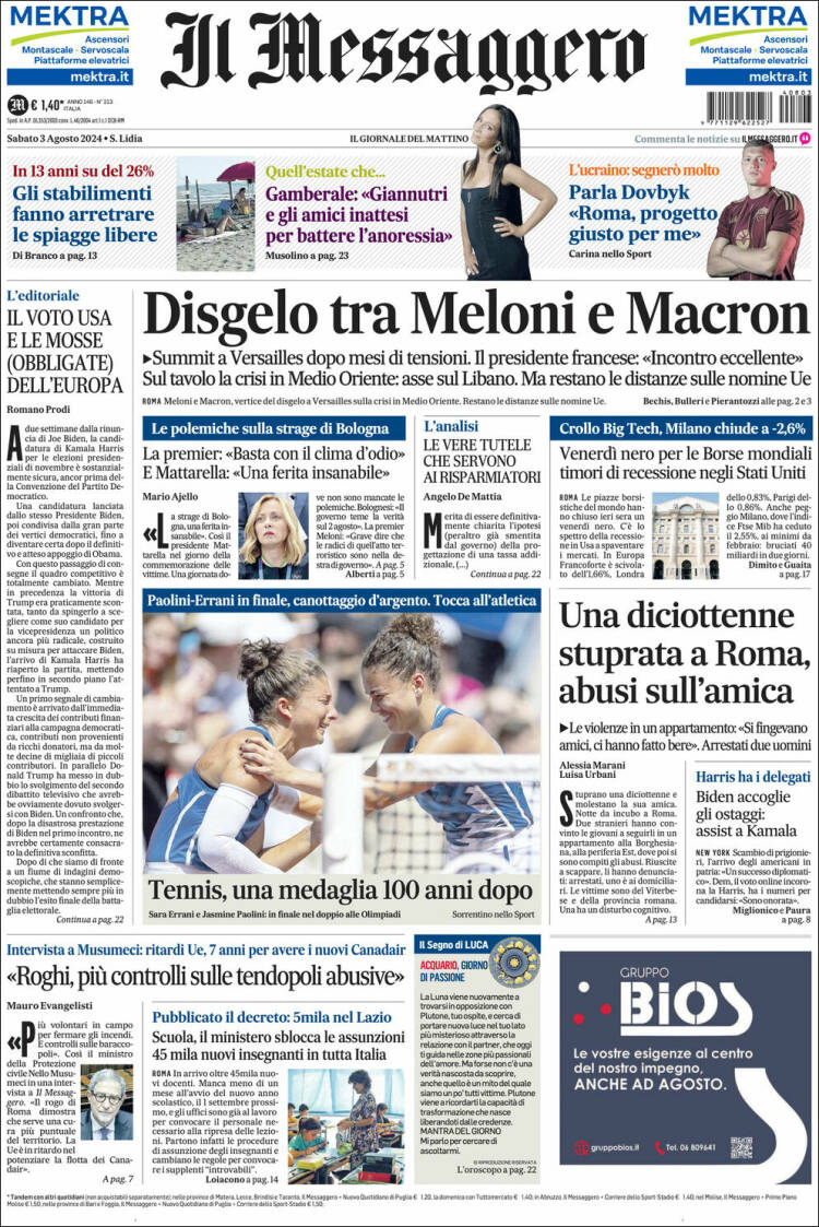 Portada de Il Messaggero (Italia)