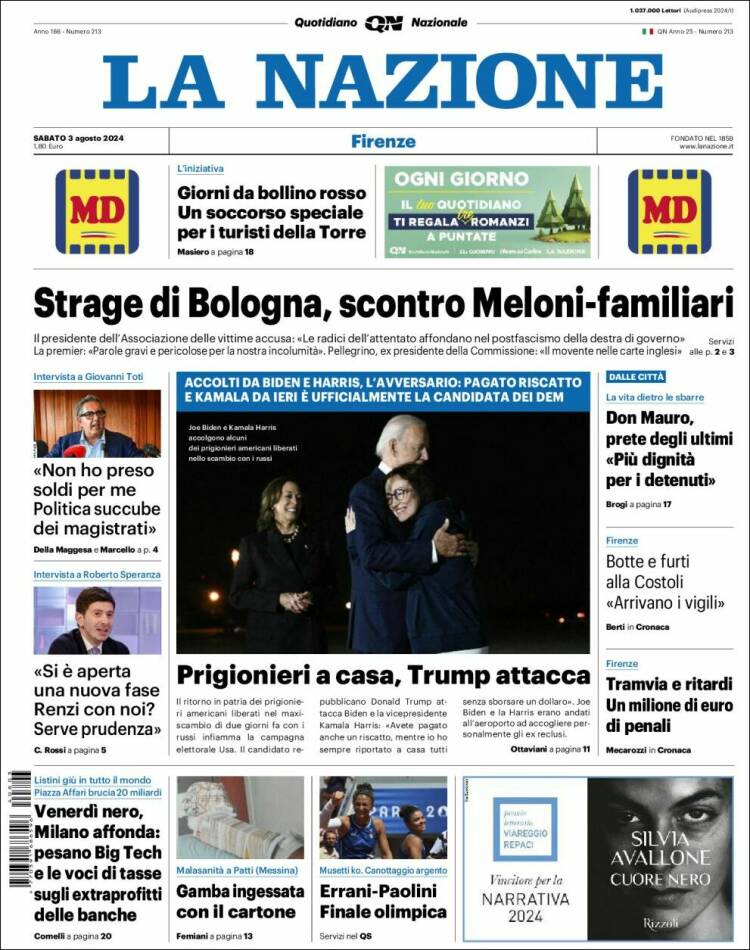 Portada de La Nazione (Italia)