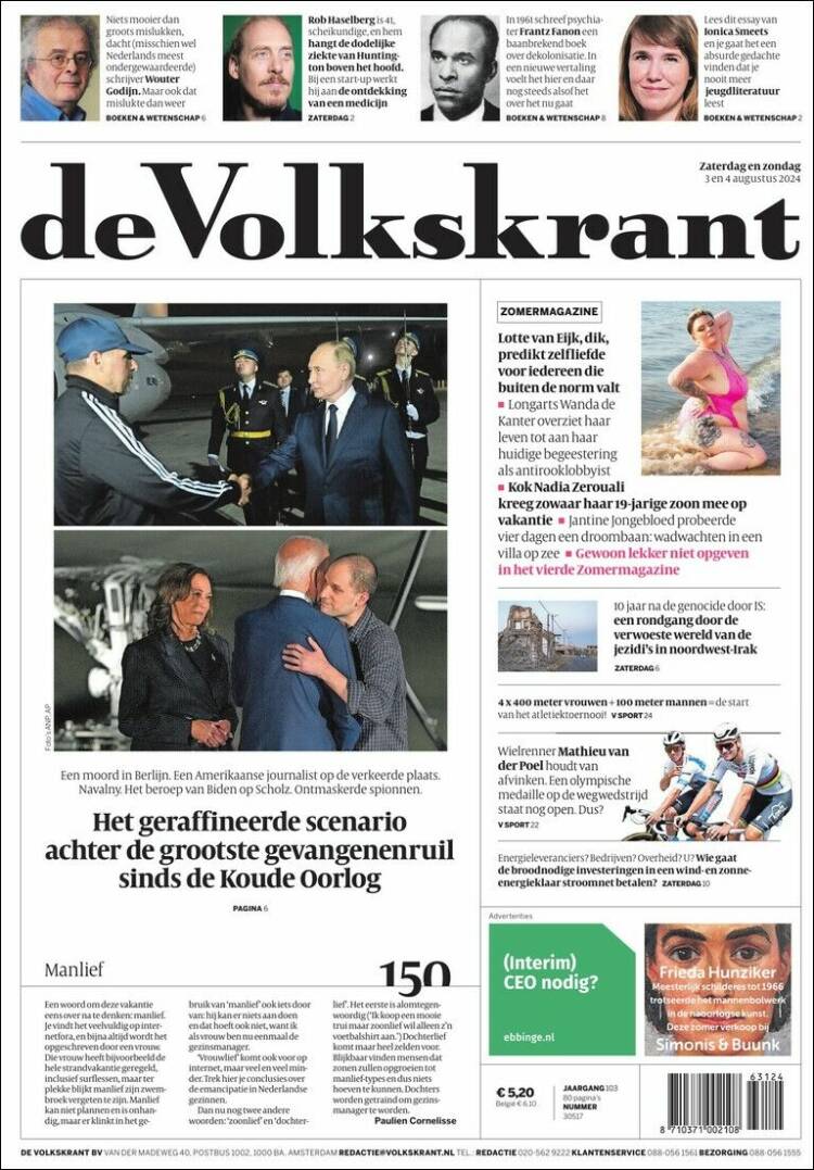 Portada de De Volkskrant (Pa&iacute;ses Bajos)