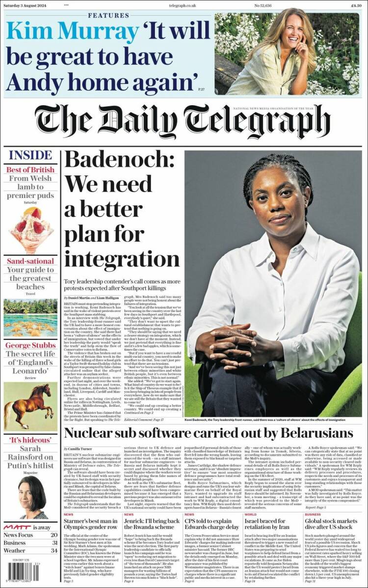 Portada de Daily Telegraph (Reino Unido)