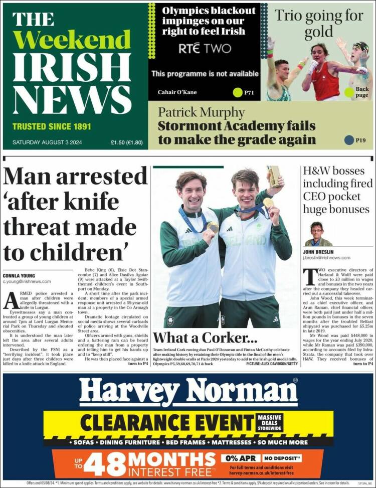 Portada de Irish News (Reino Unido)