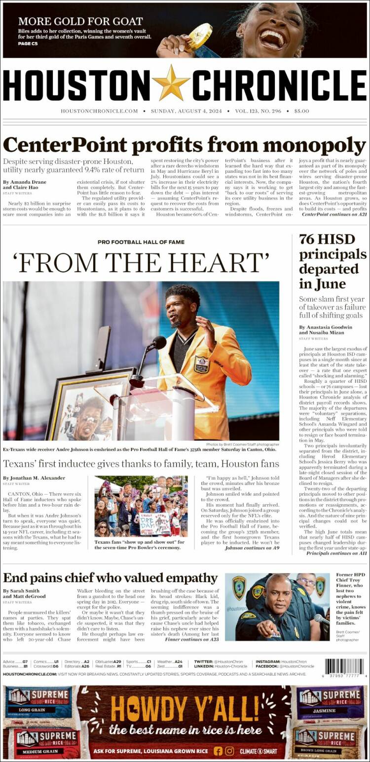 Portada de Houston Chronicle (USA)