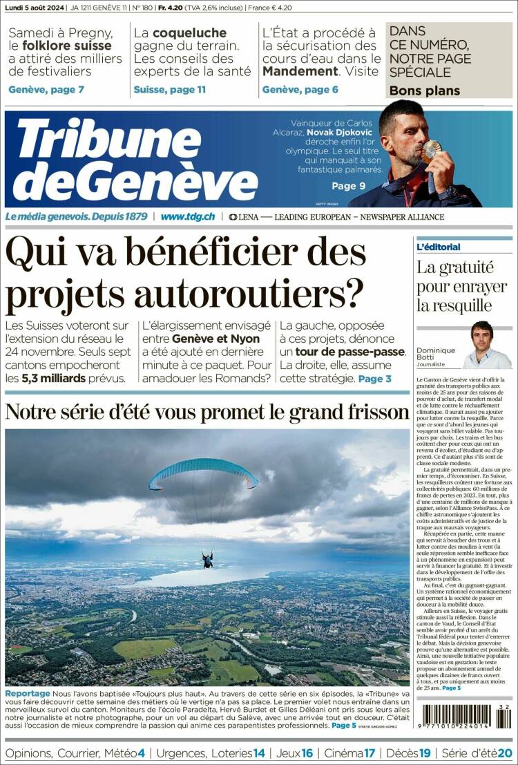 Portada de La Tribune de Genève (Suiza)