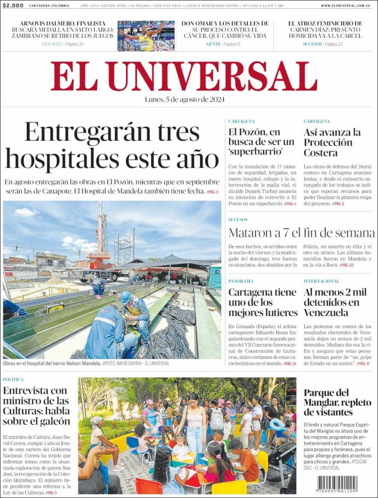 Portada de El Universal (Colombia)