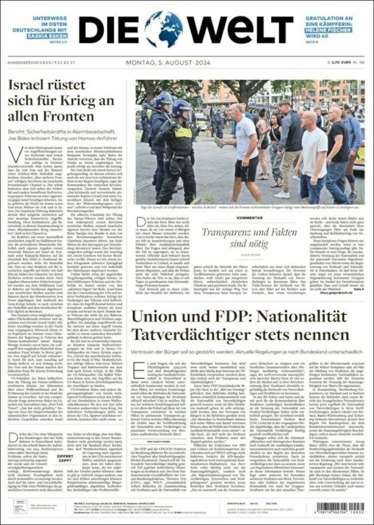 Portada de Die Welt (Alemania)