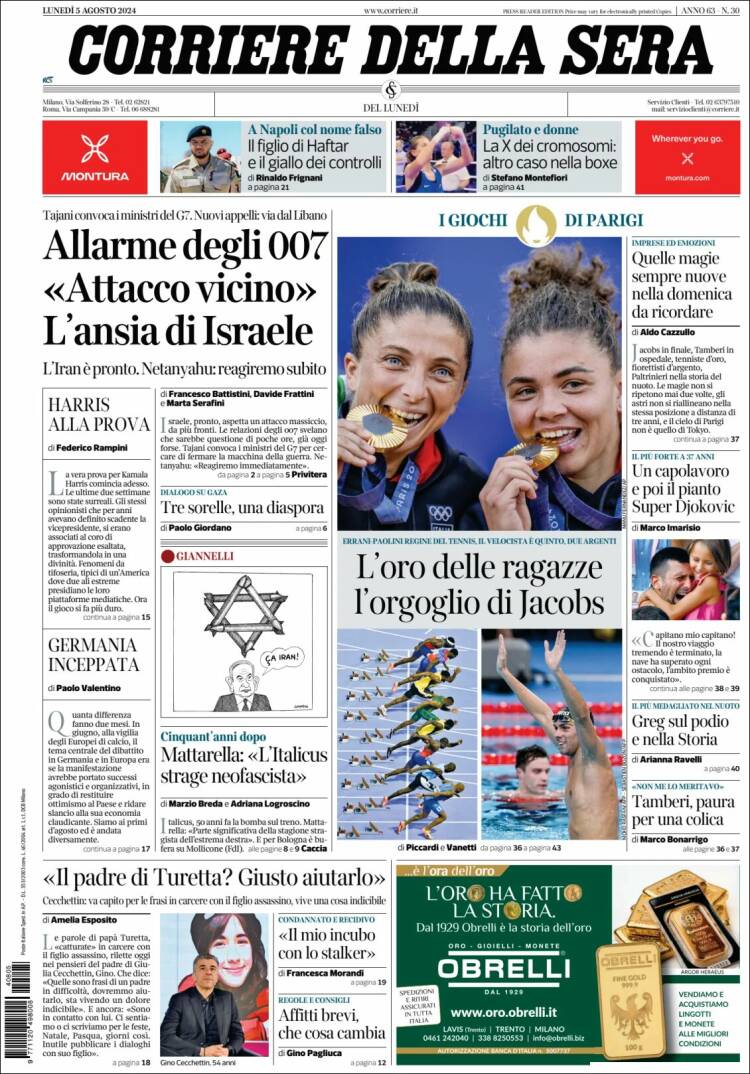 Portada de Corriere della Sera (Italia)