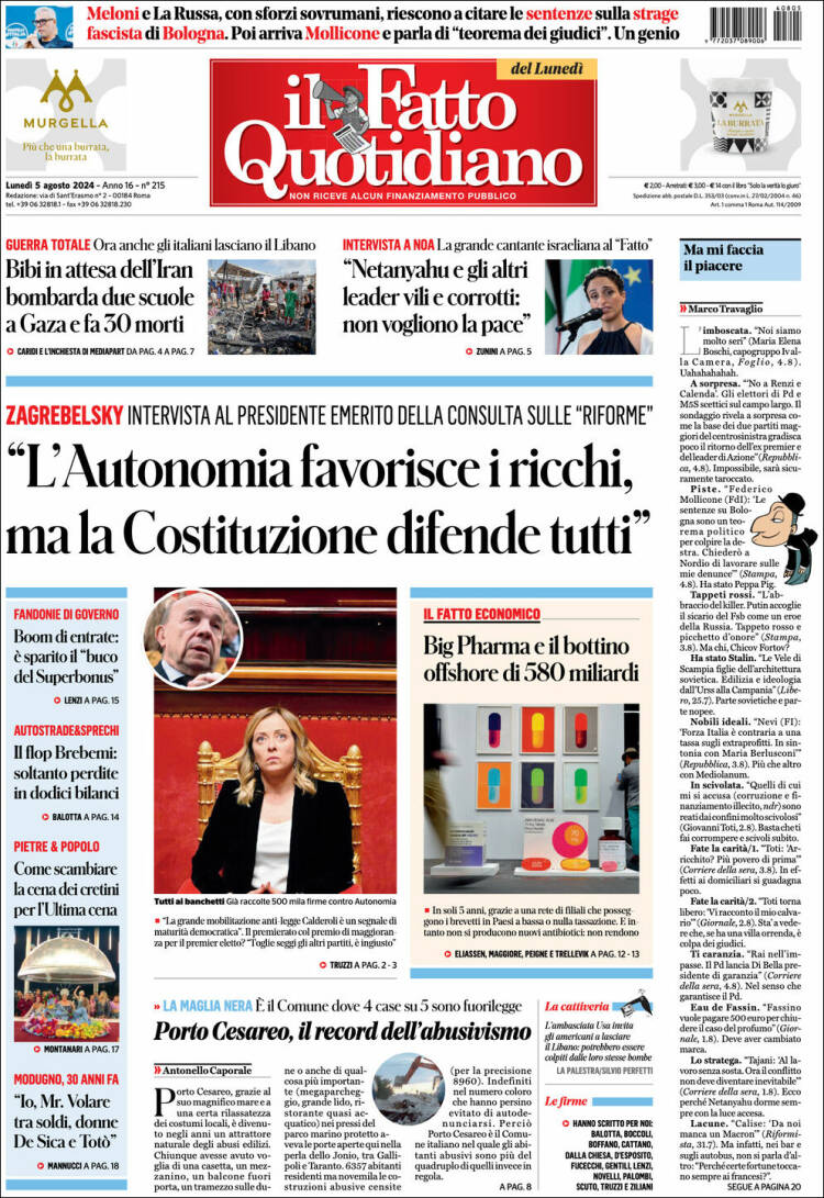 Portada de Il Fatto Quotidiano (Italia)