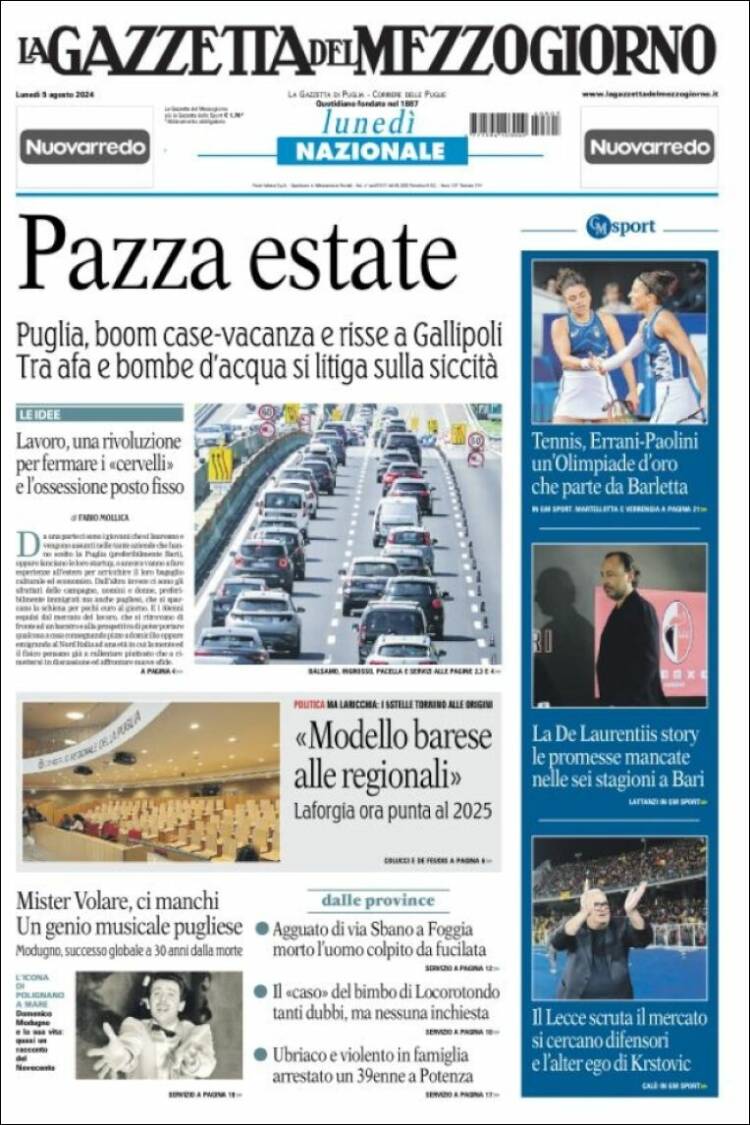 Portada de La Gazzetta del Mezzogiorno (Italia)