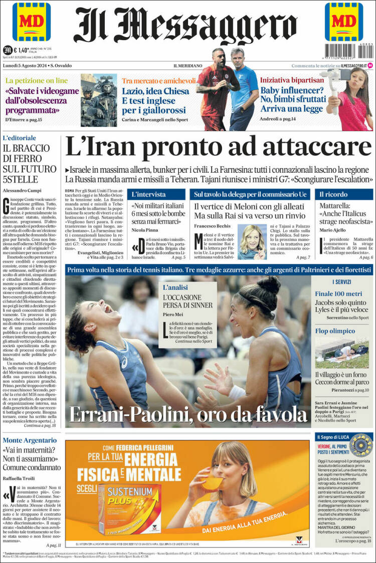 Portada de Il Messaggero (Italia)