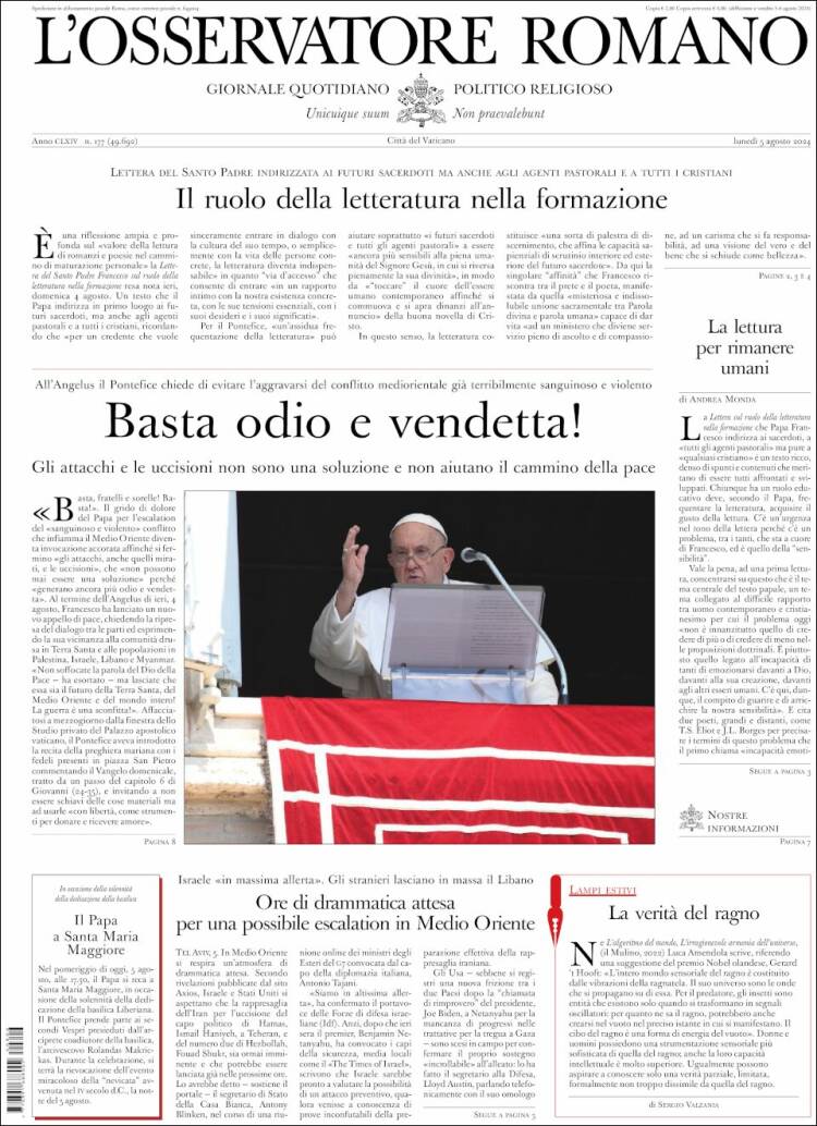 Portada de L'Osservatore Romano (Italia)