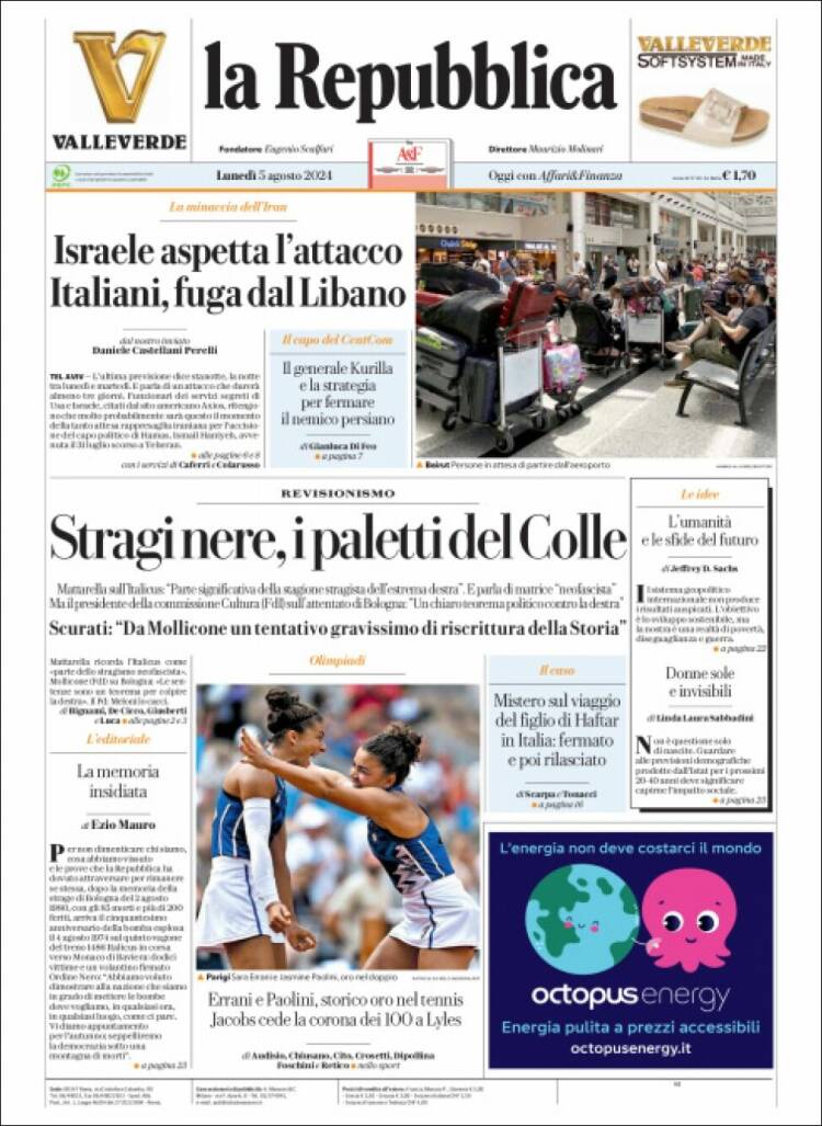 Portada de La Repubblica (Italia)