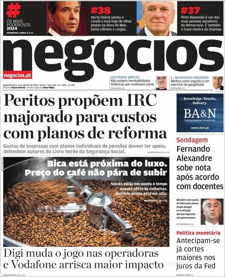 Portada de Jornal de Negócios (Portugal)