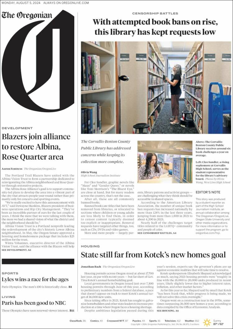 Portada de The Oregonian (USA)