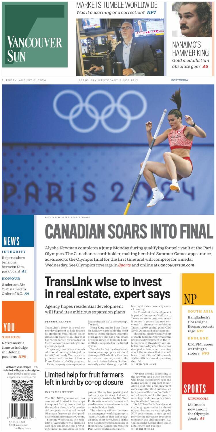 Portada de The Vancouver Sun (Canadá)