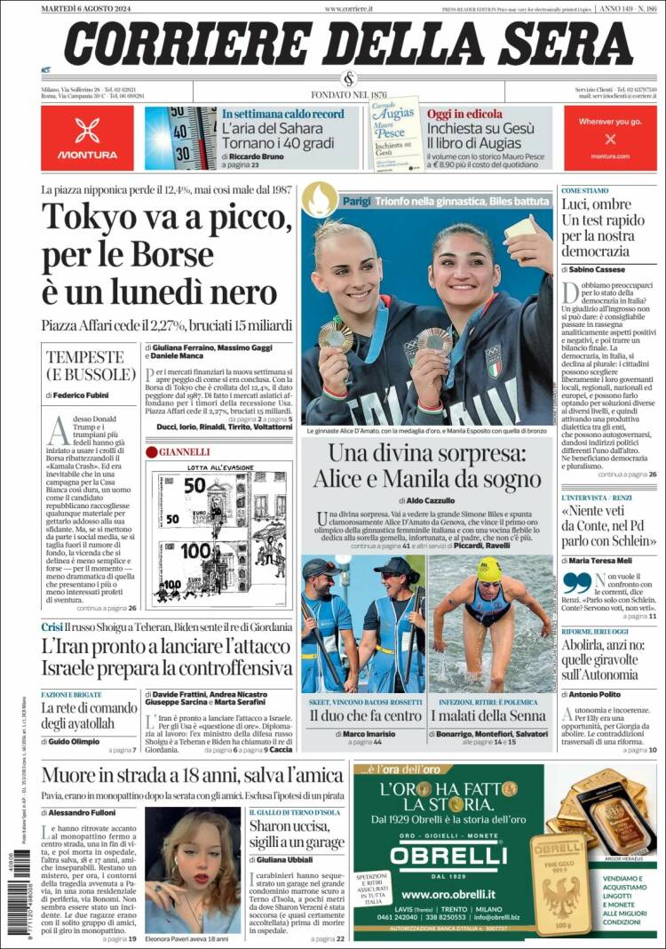 Portada de Corriere della Sera (Italia)