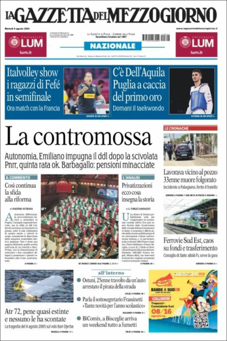 Portada de La Gazzetta del Mezzogiorno (Italia)