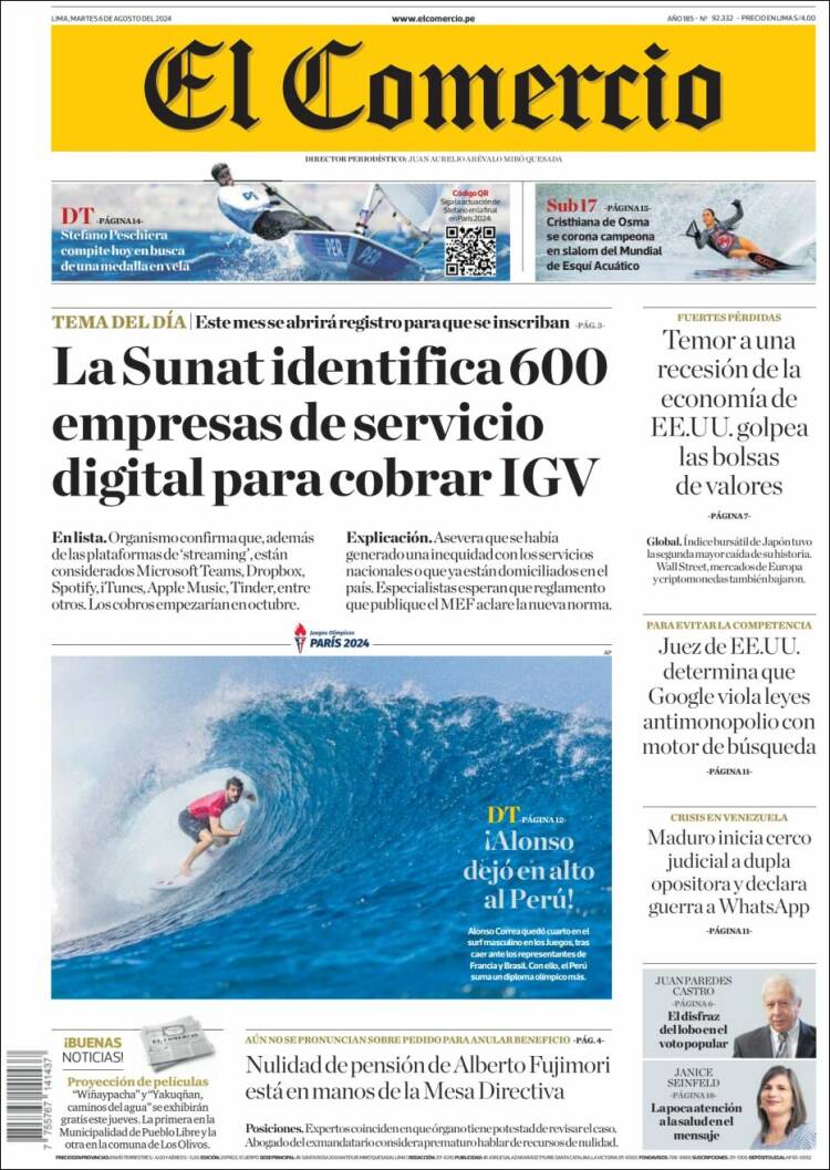 Portada de El Comercio (Per&uacute;)