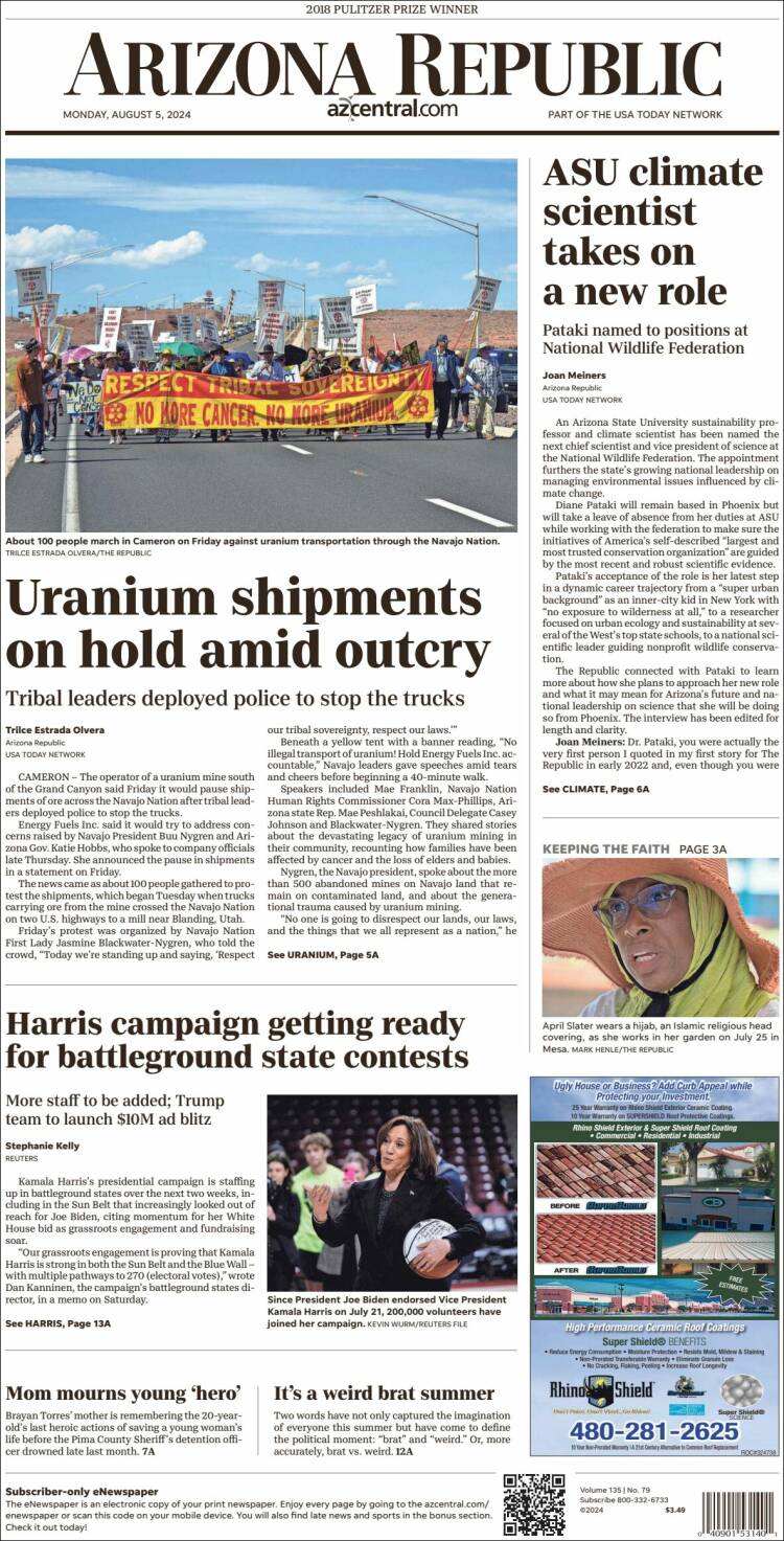 Portada de Arizona Republic News (USA)