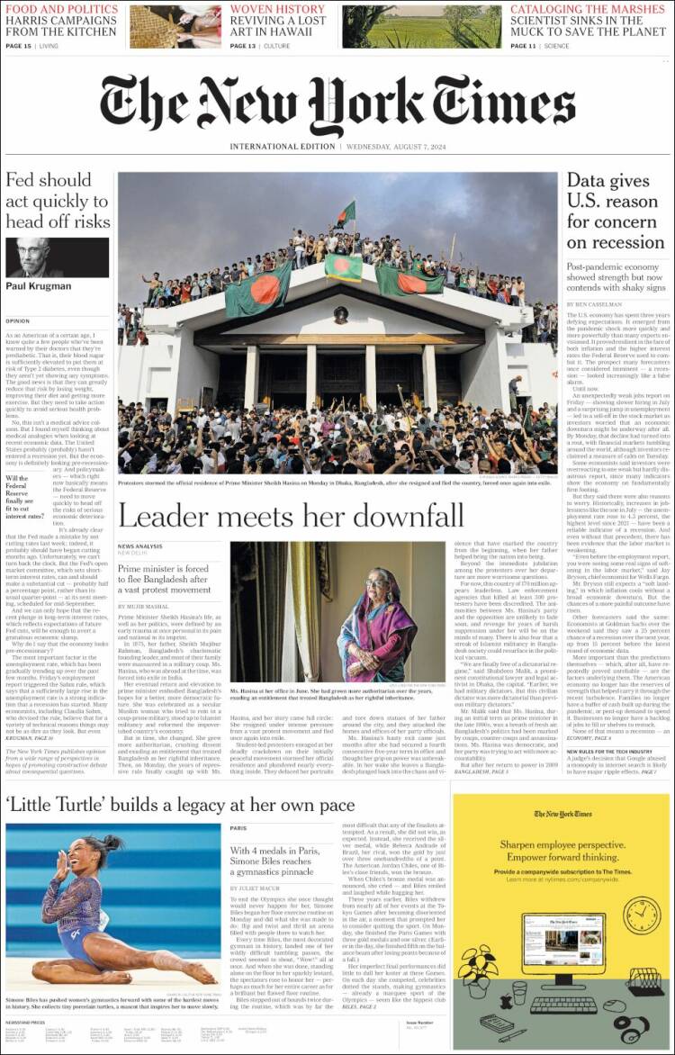 Portada de International New York Times (Europa)