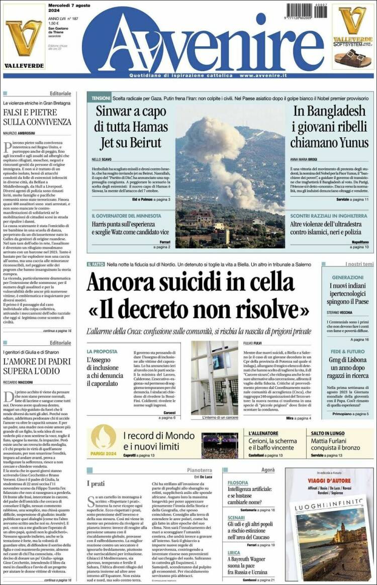 Portada de Avvenire (Italia)