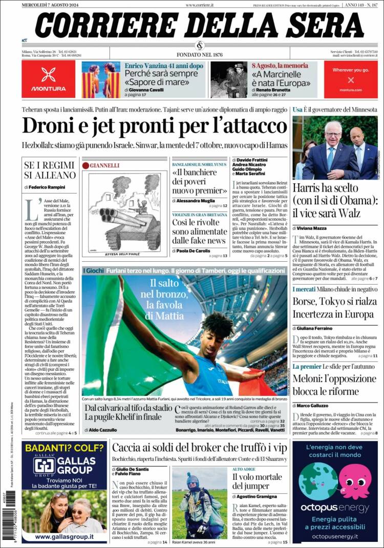Portada de Corriere della Sera (Italia)