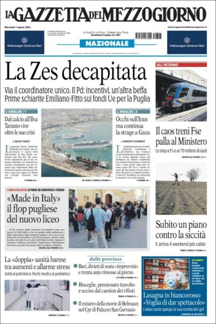 Portada de La Gazzetta del Mezzogiorno (Italia)