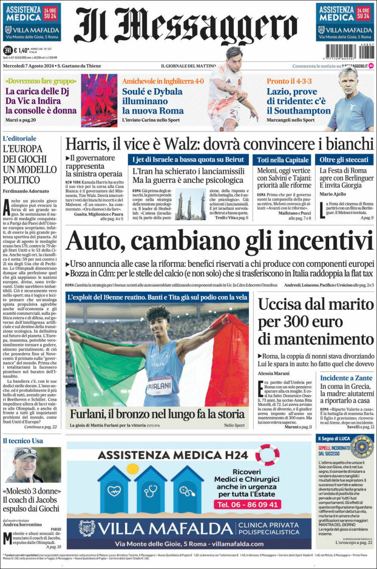 Portada de Il Messaggero (Italia)
