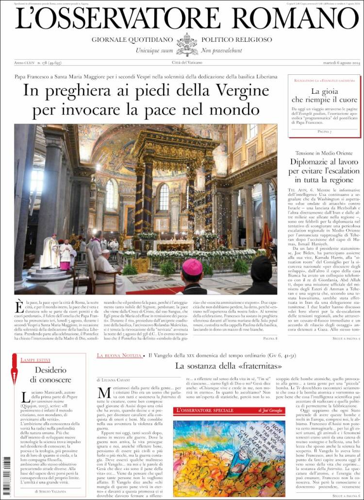 Portada de L'Osservatore Romano (Italia)