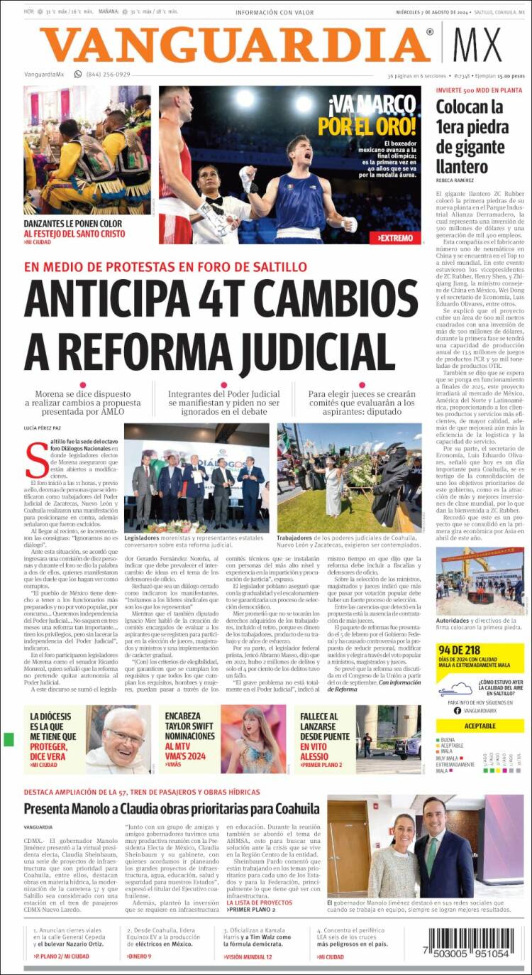 Portada de Vanguardia (M&eacute;xico)