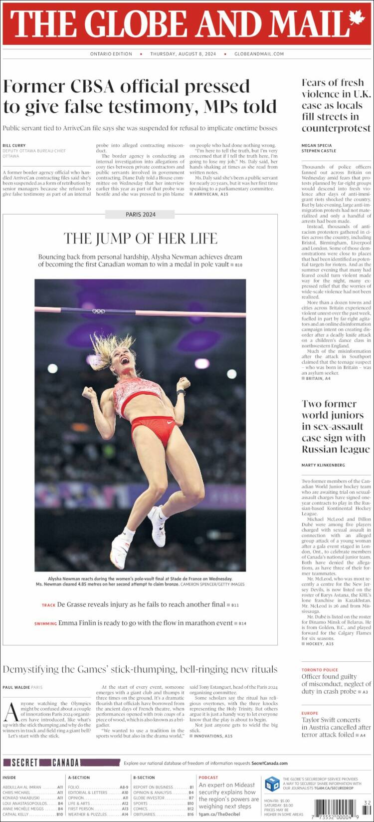 Portada de The Globe and Mail (Canadá)