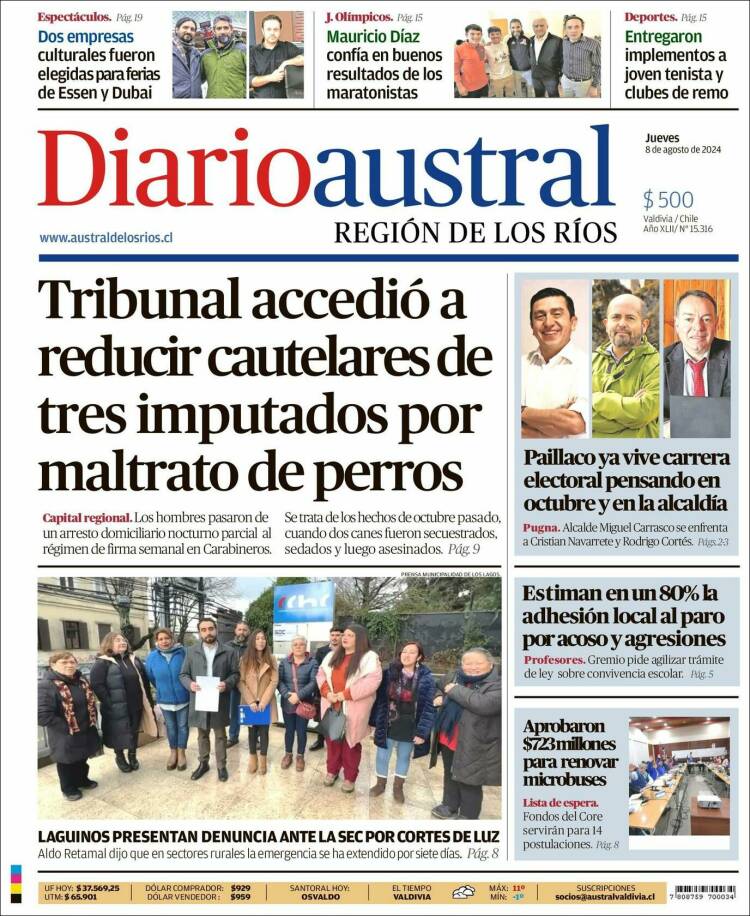 Portada de El Diario Austral de Valdivia (Chile)