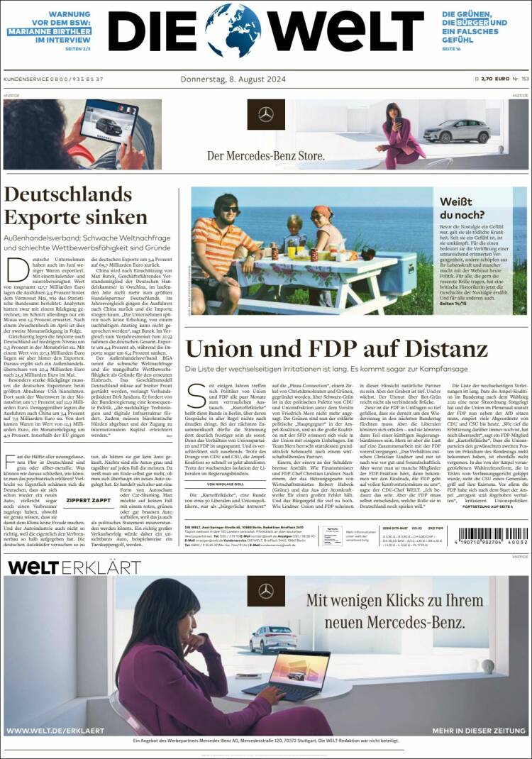 Portada de Die Welt (Alemania)