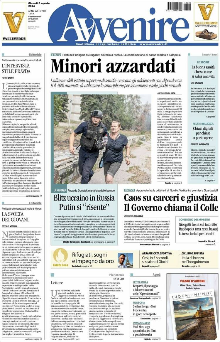 Portada de Avvenire (Italia)