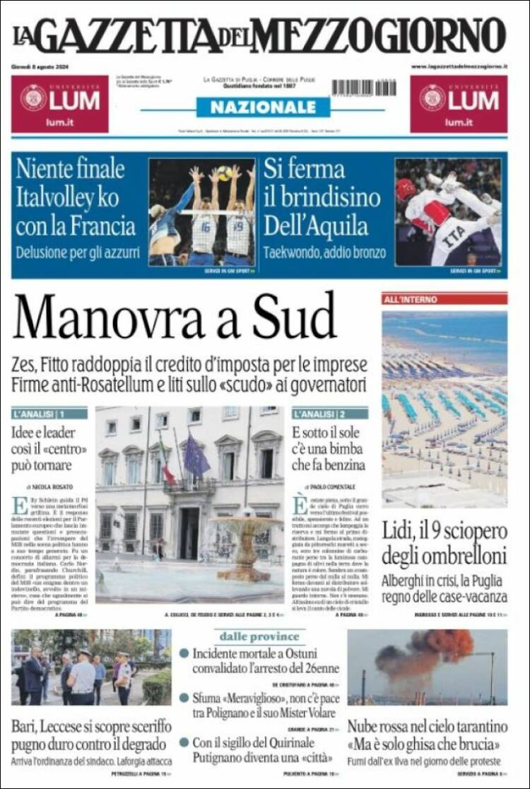 Portada de La Gazzetta del Mezzogiorno (Italia)