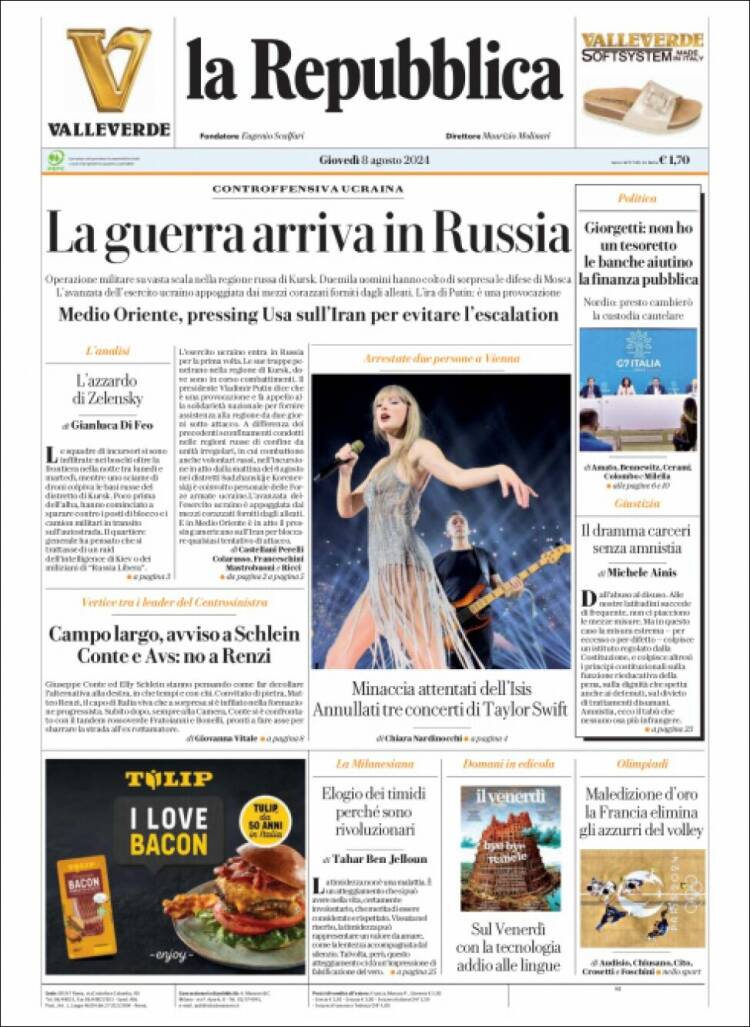 Portada de La Repubblica (Italia)