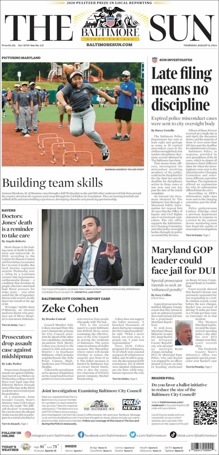 Portada de The Baltimore Sun (USA)