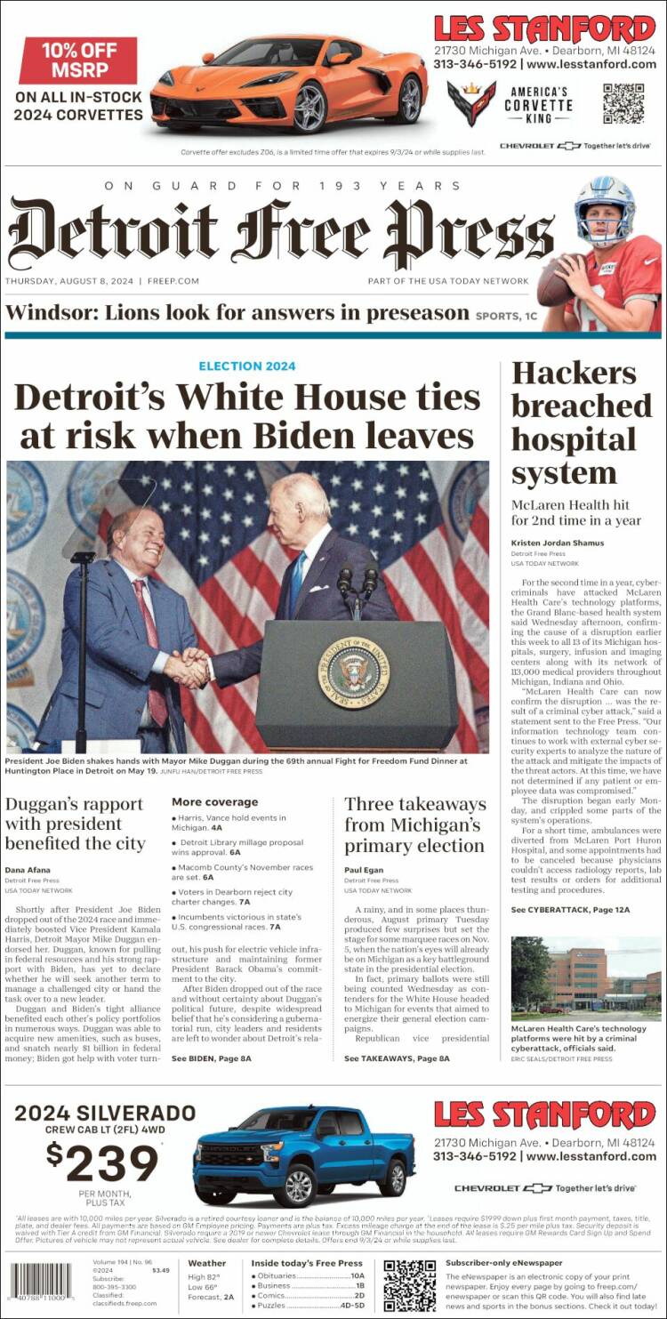 Portada de Detroit Free Press (USA)