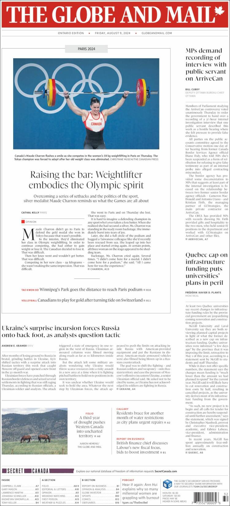 Portada de The Globe and Mail (Canadá)