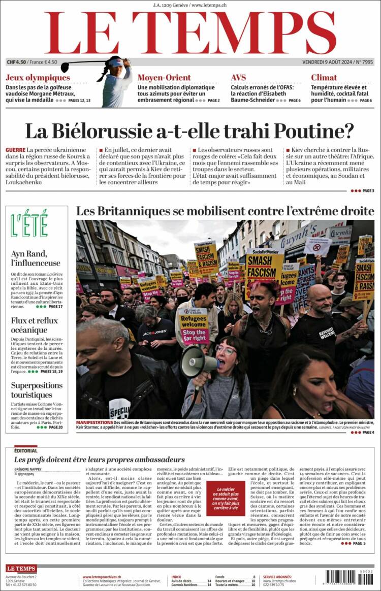 Portada de Le Matin (Suisse)