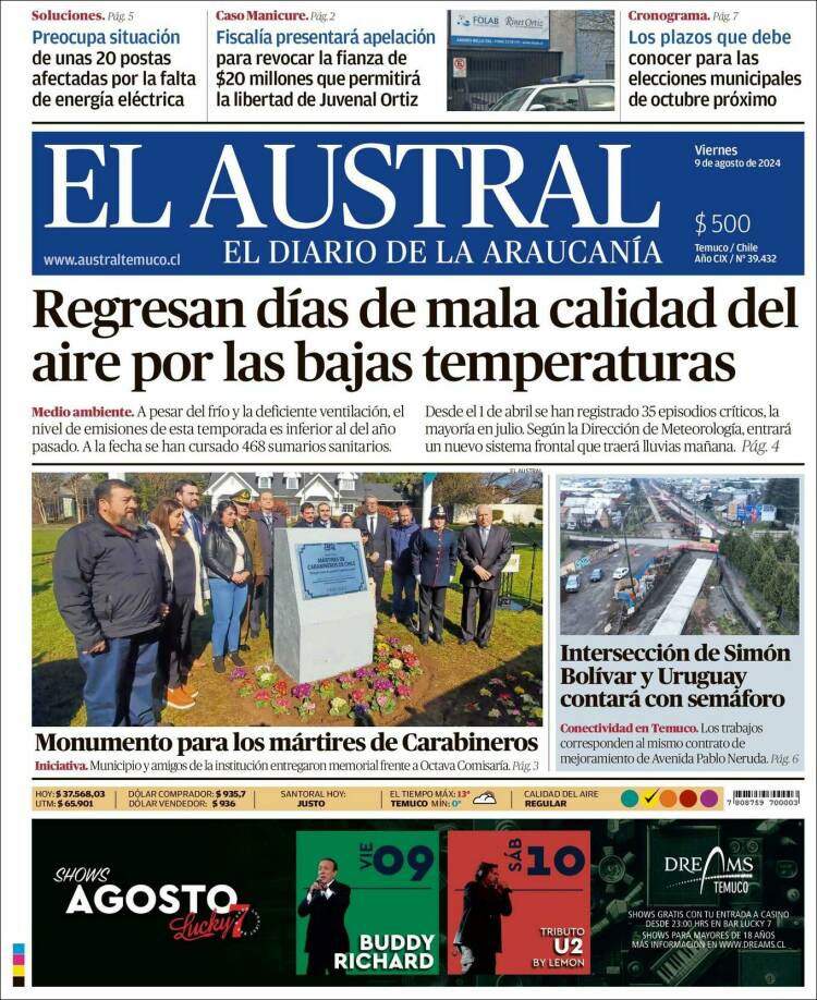 Portada de El Austral de Temuco (Chile)